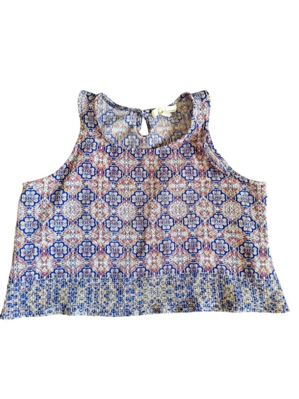 Fourteenth Place Floral Medallion Sleeveless Tank Top Ruffle Keyhole Back Xl/Tg